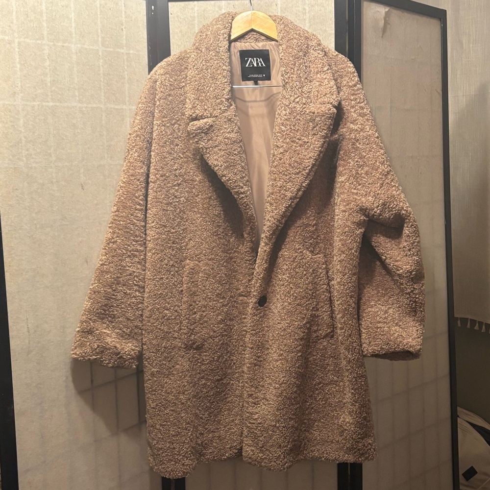 ZARA Lined Teddy Coat Jacket with Lapels & Pockets